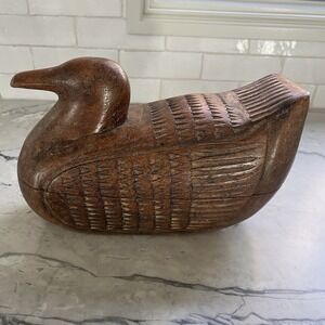 Vintage Teak Wood Duck Box Hand‎ Carved Folk Art Humidor Decoy Trinket Thailand